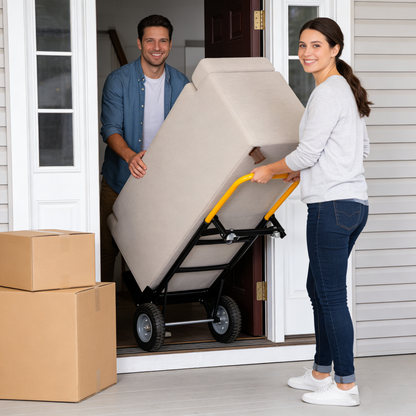 Heavy Duty Hand Truck Dolly Cart beige with yellow handle moving boxes at doorway on Tampa Home & Garden Store