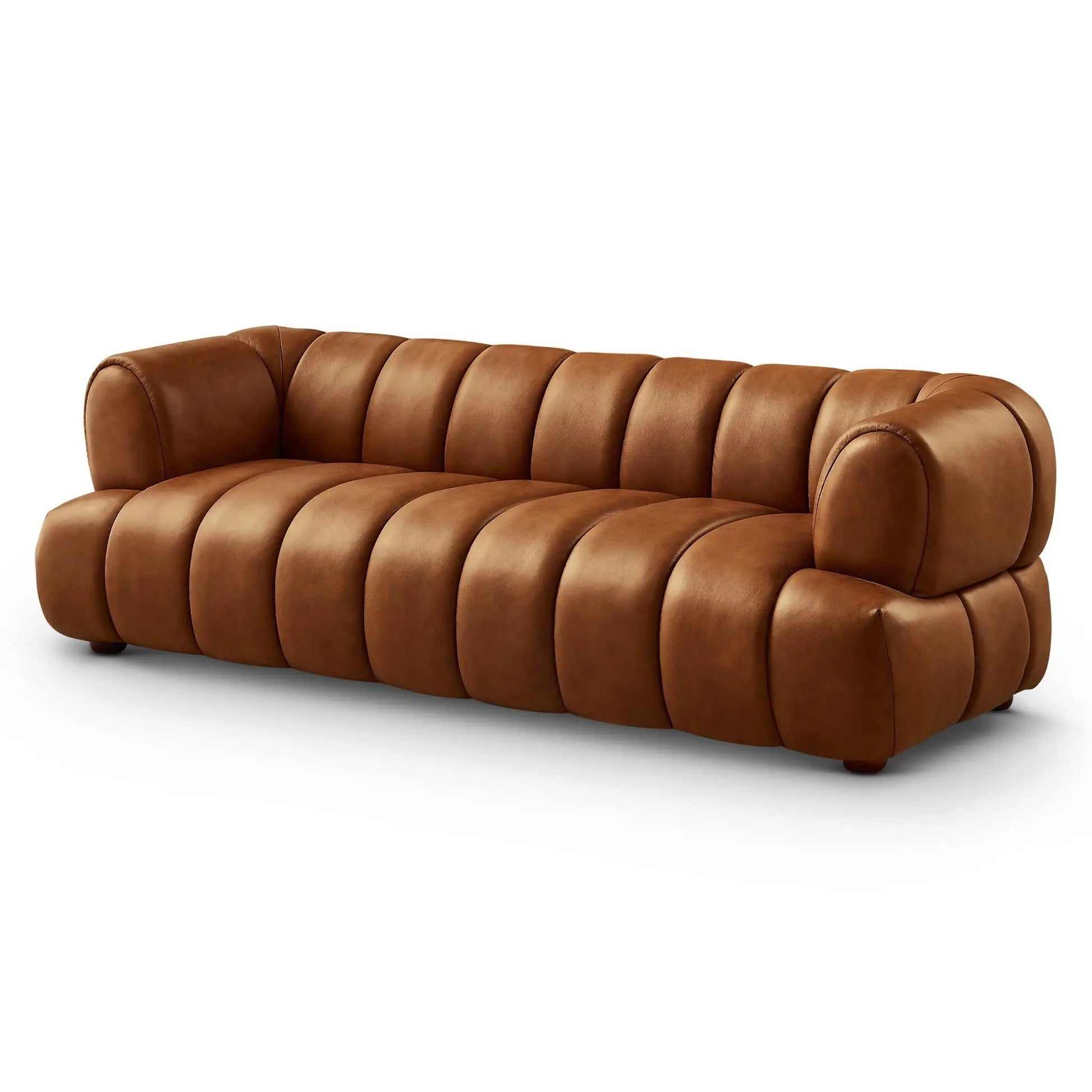 Jasmin Upholstered Sofa, tan leather, channel-tufted, stationary by Unique Piece Furniture on Tampa Home & Garden Store
