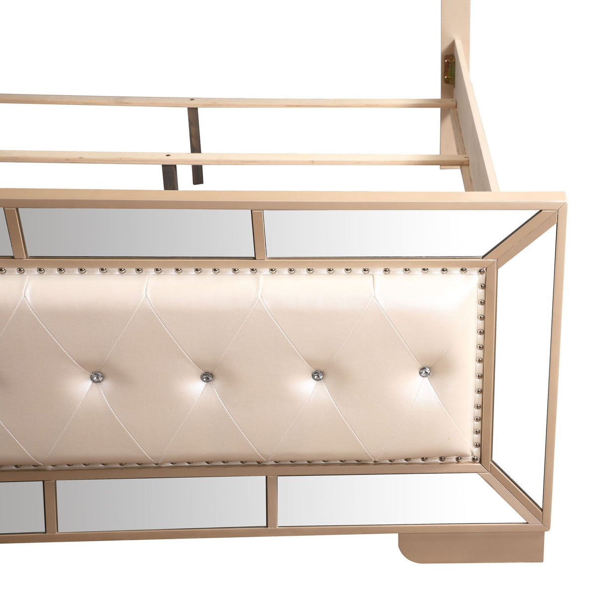 Stylish contemporary panel bed by HouseOfZazla with beige tufted headboard and gold metal frame on Tampa Home & Garden Store