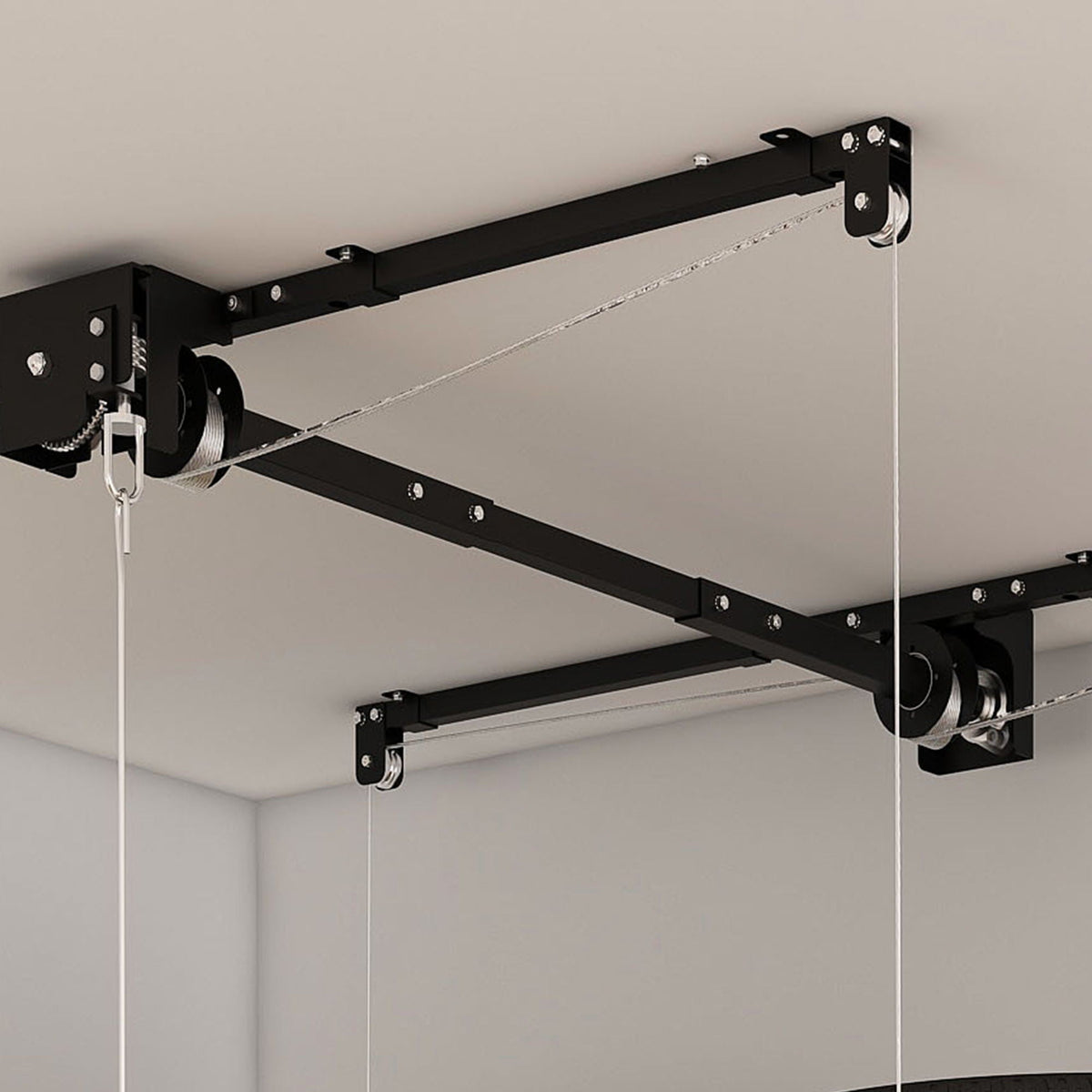 Overhead garage storage rack with crank system in black metal, ceiling-mounted with pulleys on Tampa Home & Garden Store