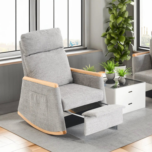 Accent rocking chair with footrest in grey fabric, high back, wood-armrests in a living room on Tampa Home & Garden Store