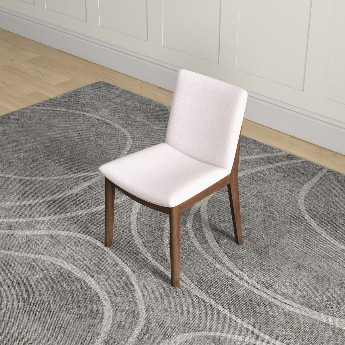 Mid-Century Modern solid wood dining chair with white fabric upholstery and wooden legs on Tampa Home & Garden Store