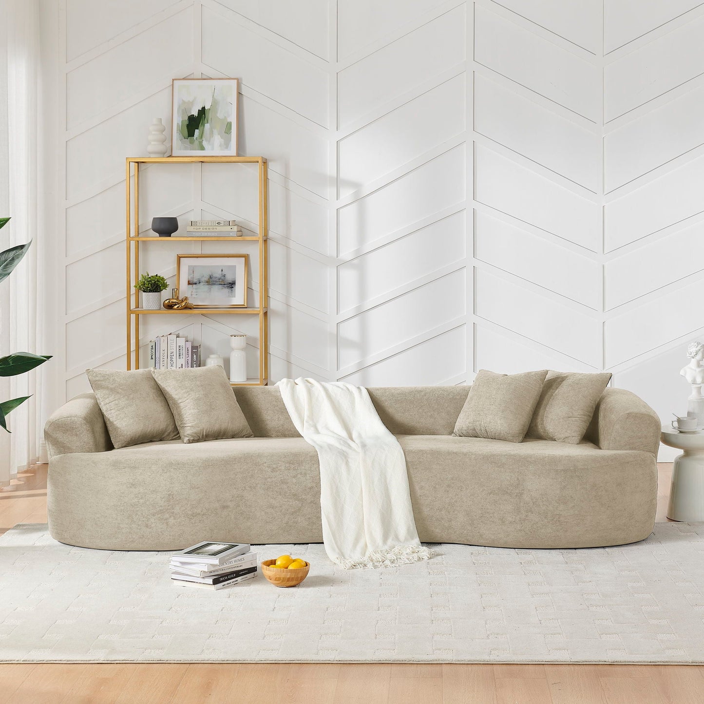 4 Seater Curved Cloud Sectional Sofa beige fabric with cushions in a modern living room on Tampa Home & Garden Store