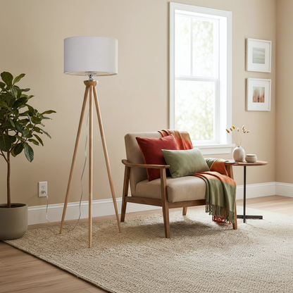 Tall Corner Floor Lamp with white drum shade on wooden tripod base by HouseOfZazla on Tampa Home & Garden Store