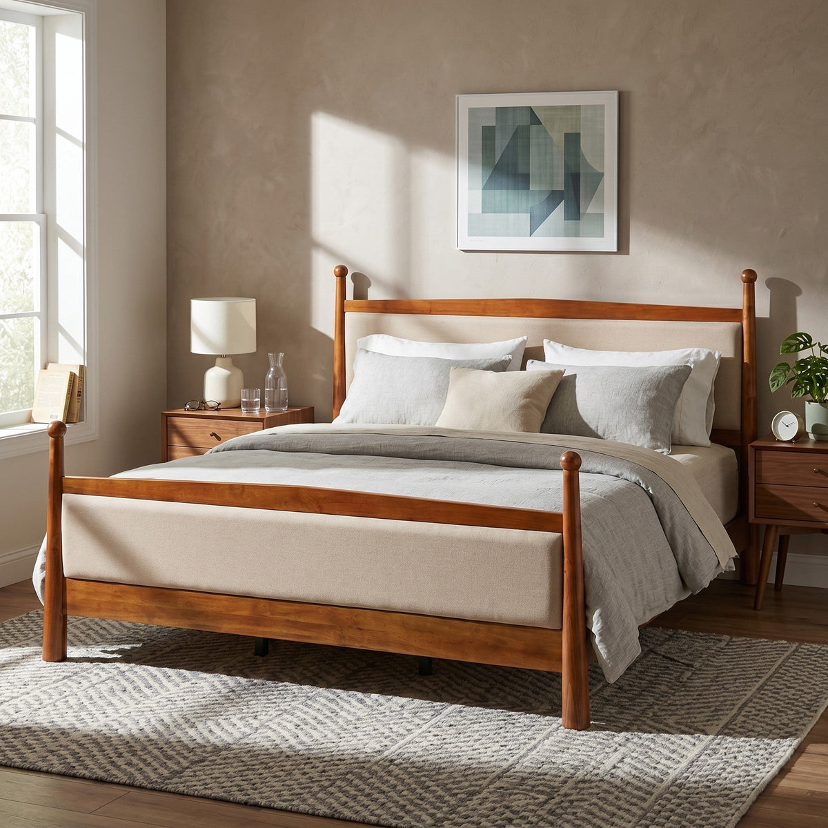 King size upholstered platform bed frame by HouseOfZazla with beige fabric headboard on Tampa Home & Garden Store