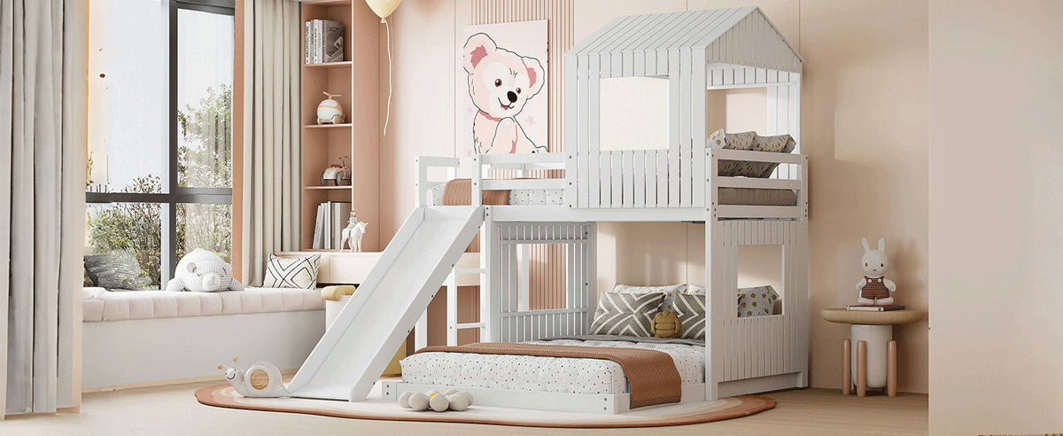 Loft bunk bed with playhouse and slide in white farmhouse style by HouseOfZazla on Tampa Home & Garden Store