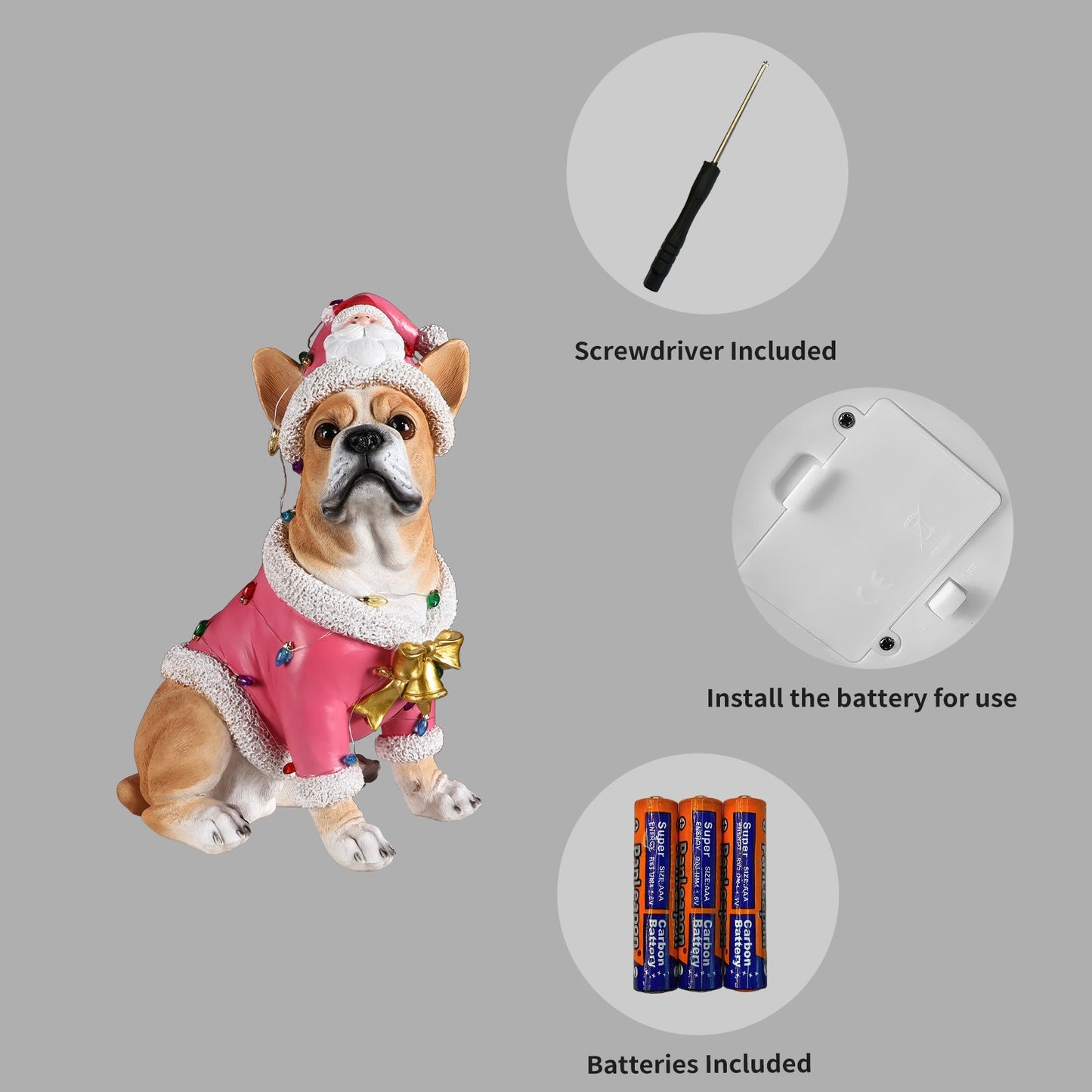 Christmas French Bulldog statue by HouseOfZazla in pink coat with Santa hat and lights on Tampa Home & Garden Store