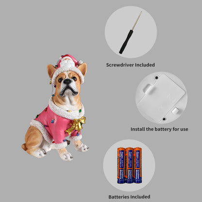 Christmas French Bulldog statue by HouseOfZazla in pink coat with Santa hat and lights on Tampa Home & Garden Store
