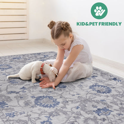 Marfi - Trendy Oriental Area Rug blue damask pattern by HouseOfZazla; kid-friendly on Tampa Home & Garden Store