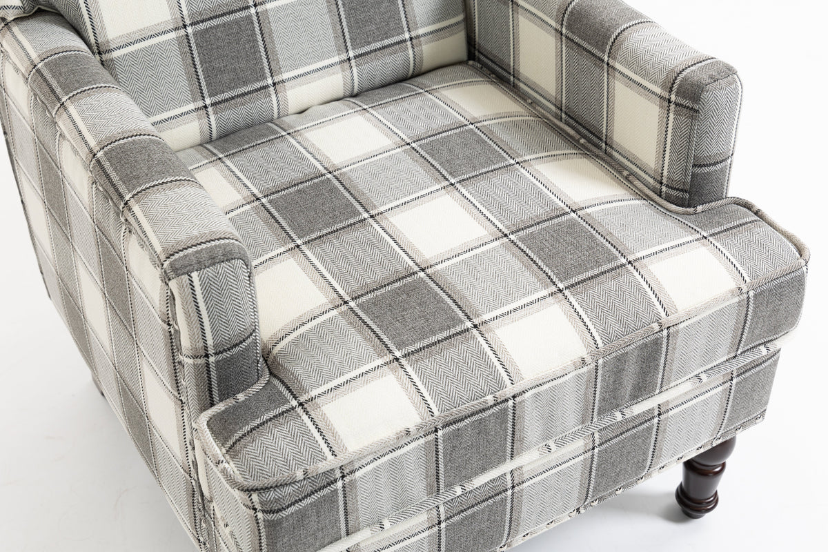 Upholstered Accent Chair with gray cream plaid fabric and solid wood legs by HouseOfZazla on Tampa Home & Garden Store