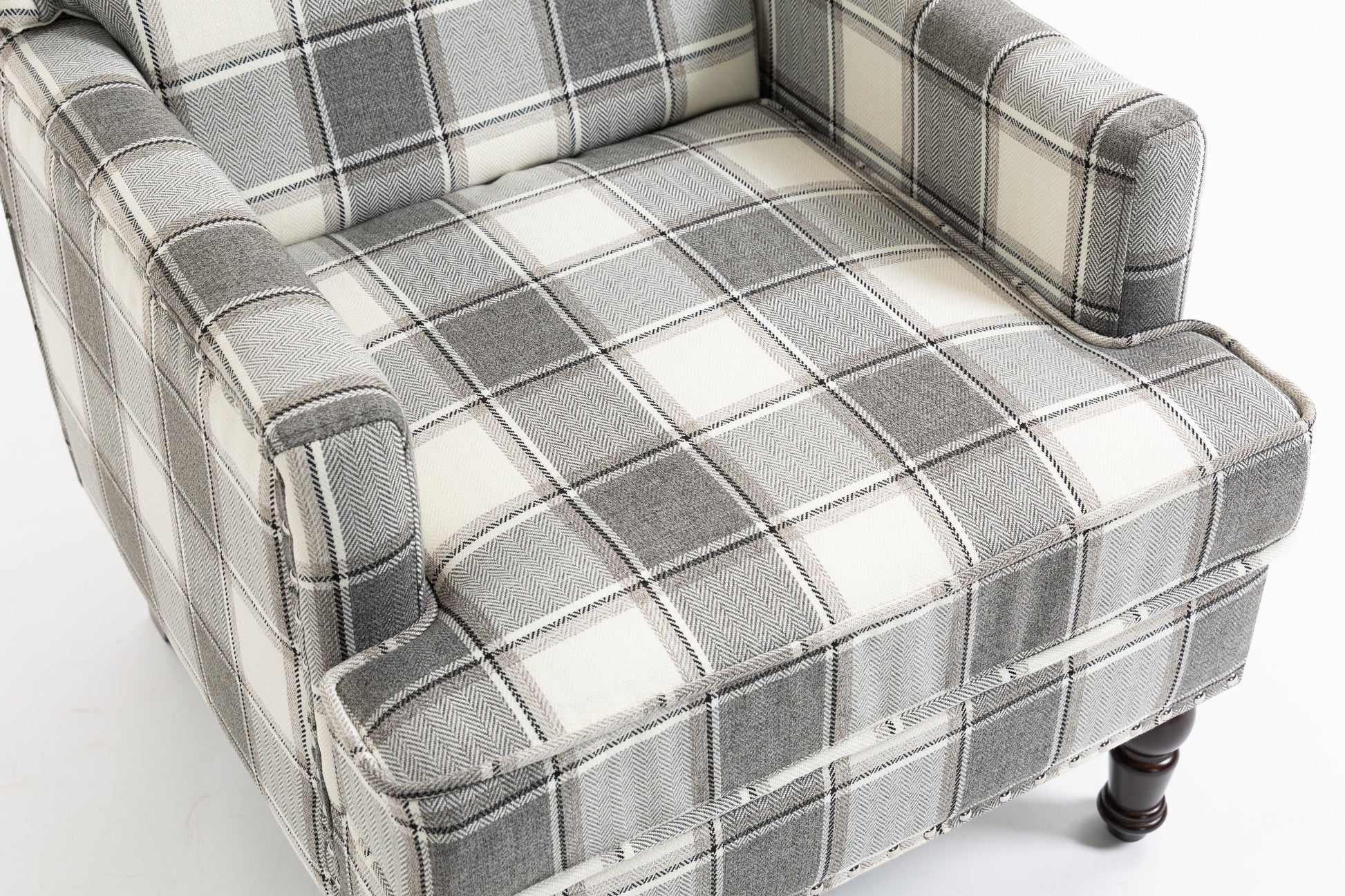 Upholstered Accent Chair with gray cream plaid fabric and solid wood legs by HouseOfZazla on Tampa Home & Garden Store