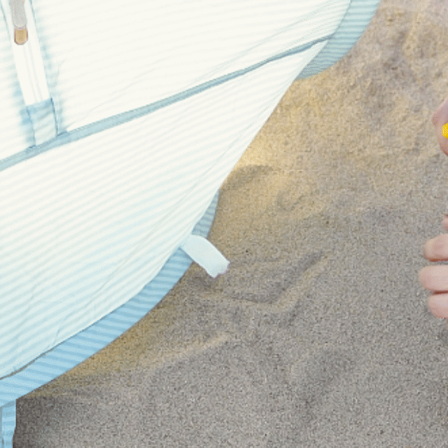 Tiny Land One-Stop Beach Toy & Tent Set beach tent with blue striped fabric, pop-up style on sand on Tampa Home & Garden Store