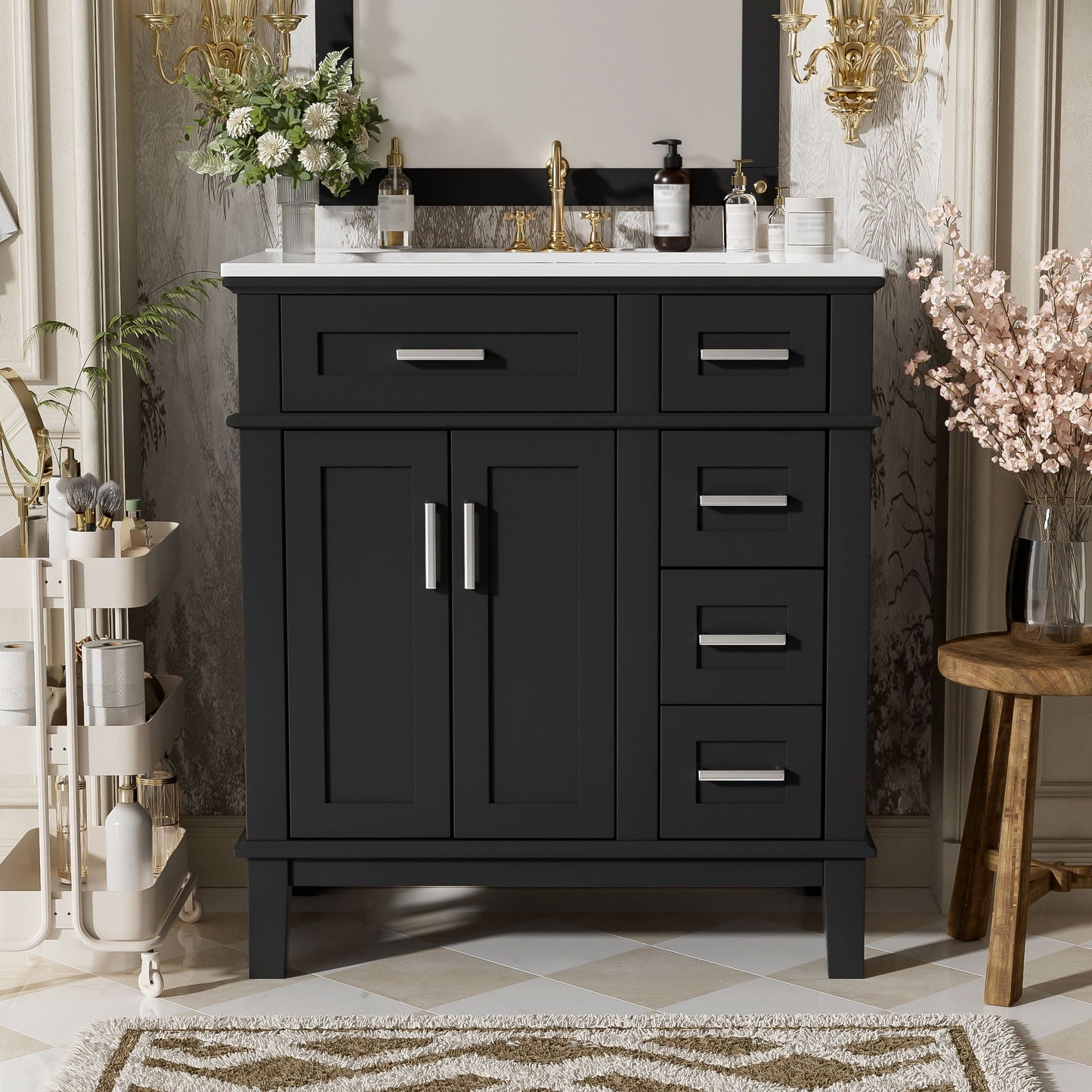 Vanity: Modern black bathroom vanity with white sink, soft-close doors and deep drawers on Tampa Home & Garden Store