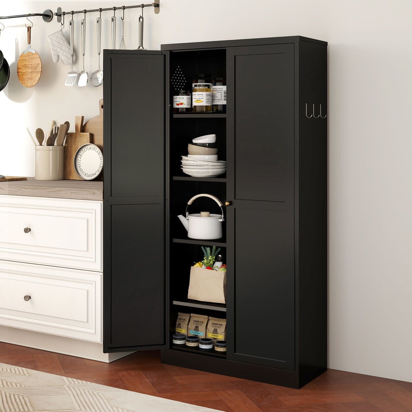 Kitchen pantry cabinet with 4 adjustable shelves in black finish, freestanding heavy‑duty organizer on Tampa Home & Garden Store