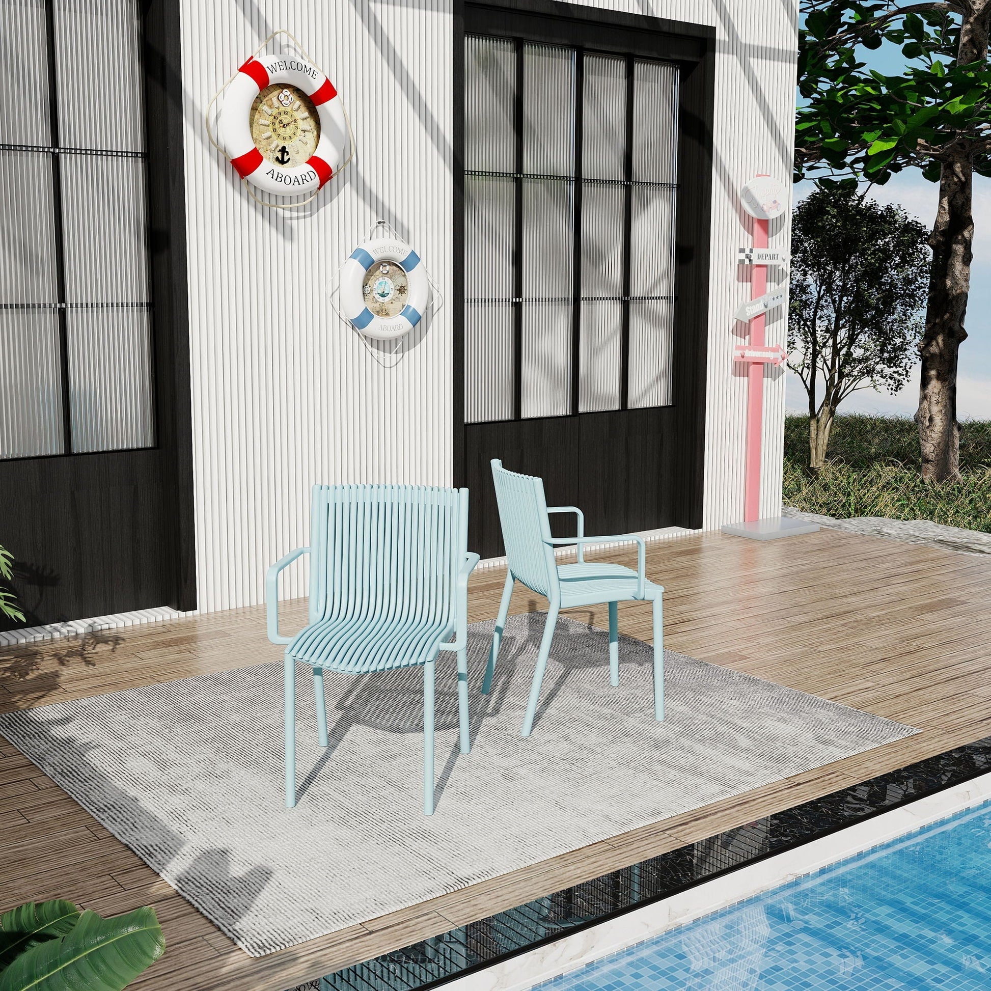 4 Piece Stackable Single Chairs light blue with vertical slat backs for all weather on Tampa Home & Garden Store
