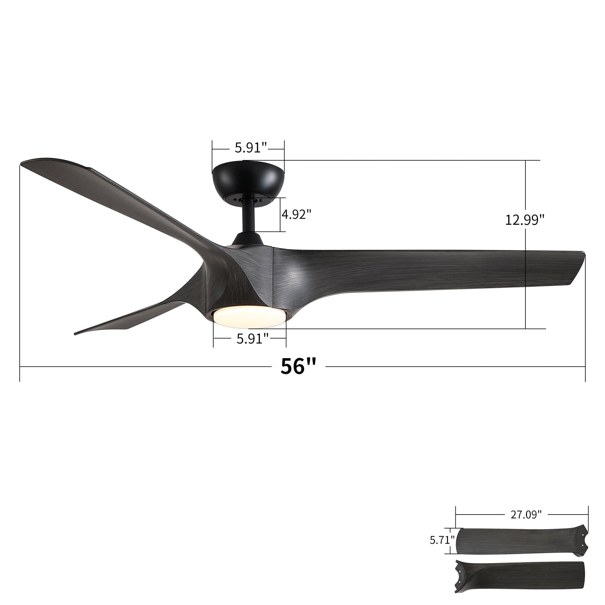 Ceiling fan with reversible quiet motor, 4 dark charcoal ABS blades, built-in light and 56-in span on Tampa Home & Garden Store
