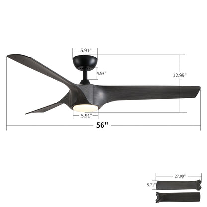 Ceiling fan with reversible quiet motor, 4 dark charcoal ABS blades, built-in light and 56-in span on Tampa Home & Garden Store