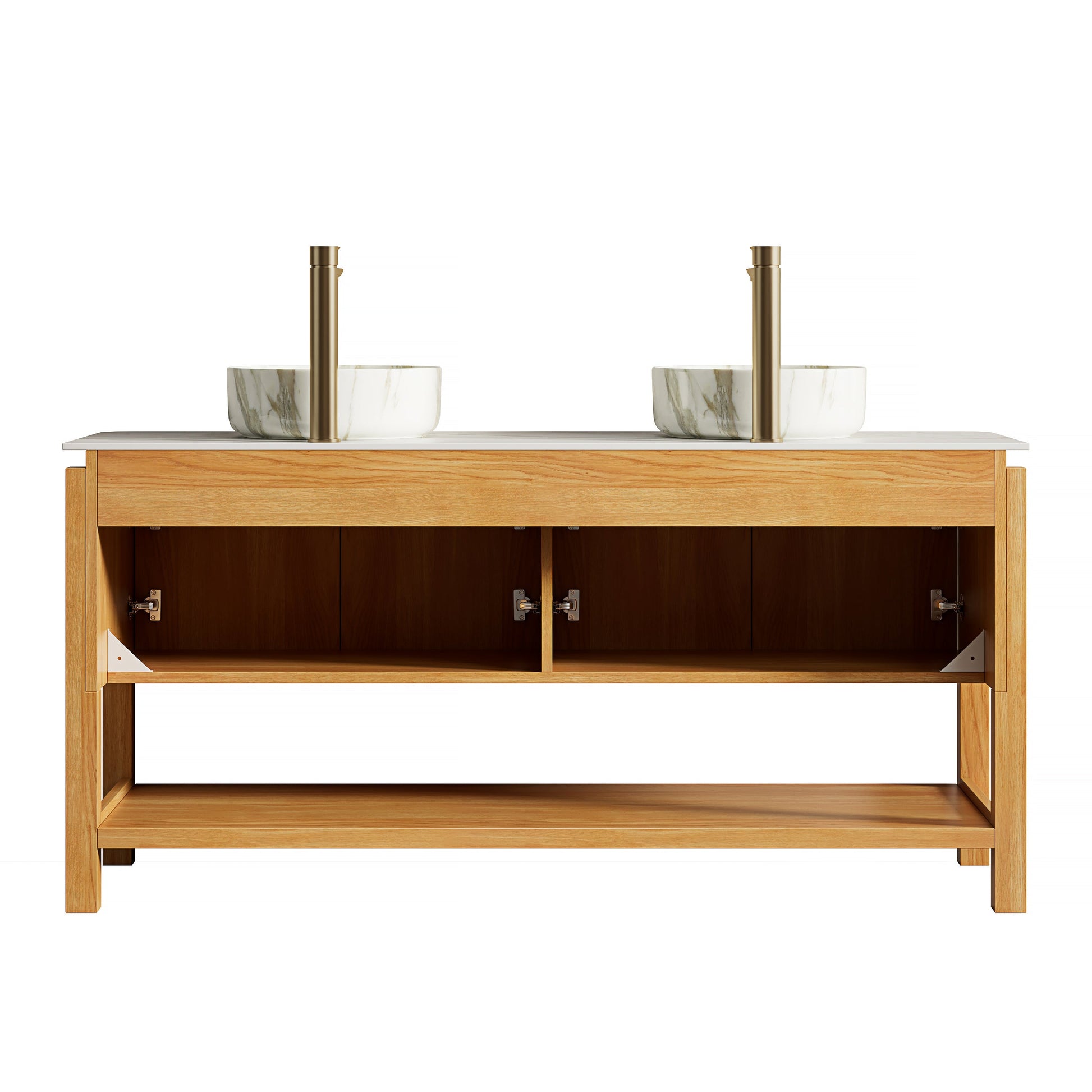 SHARMA 60in bathroom vanity with twin marble sinks and brass faucets, plywood storage cabinet on Tampa Home & Garden Store