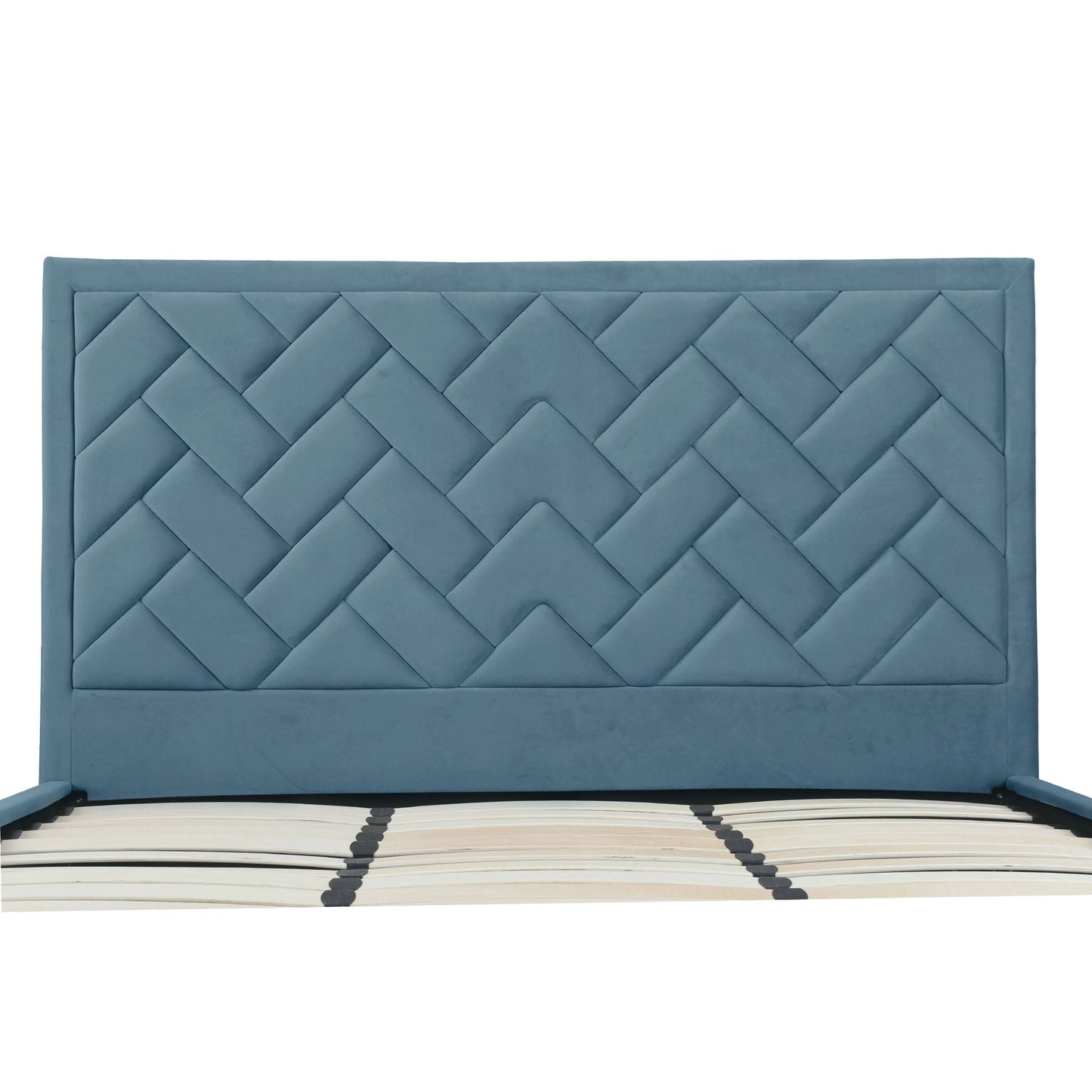 Crosby bed with blue diamond-tufted upholstered headboard and slats on Tampa Home & Garden Store