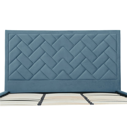 Crosby bed with blue diamond-tufted upholstered headboard and slats on Tampa Home & Garden Store