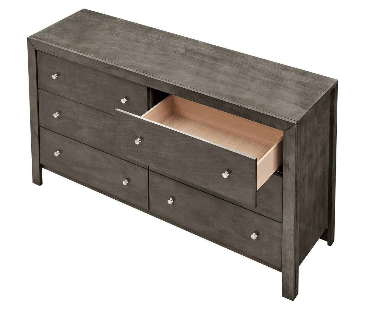 Burlington gray dresser by HouseOfZazla with silver knob pulls and light wood interior on Tampa Home & Garden Store