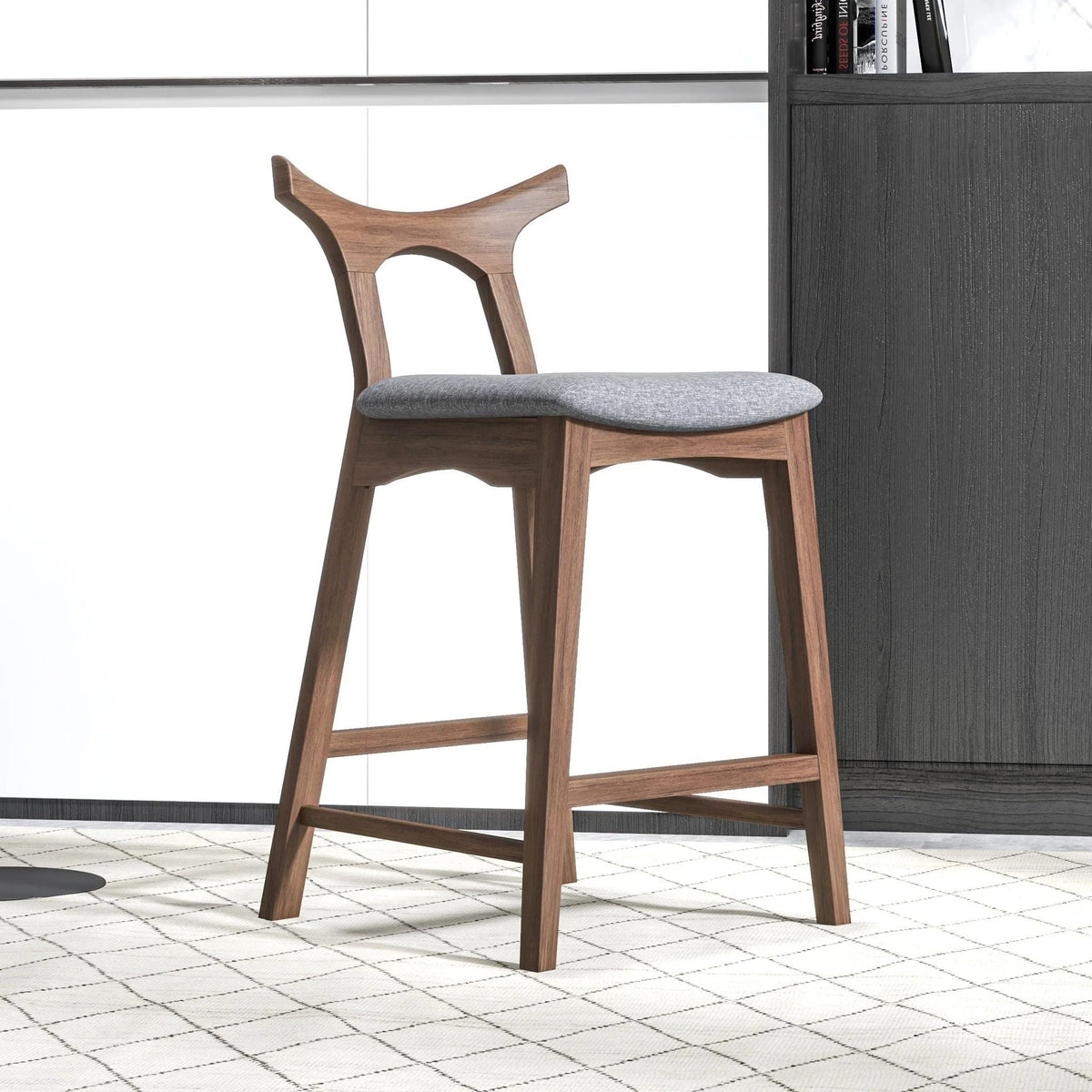 Upholstered square bar chair set with wood frame and gray cushion on Tampa Home & Garden Store