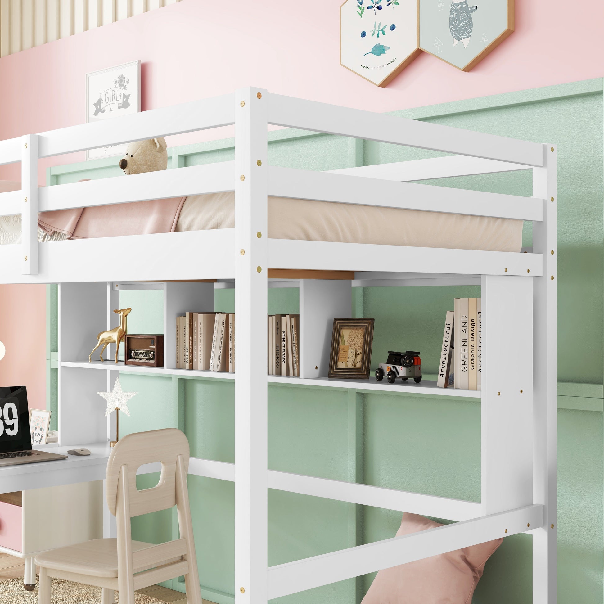 Twin Loft Bed with built-in desk and bookcase of three compartments, Guardrails and Ladder,White - Tampa Home & Garden Store