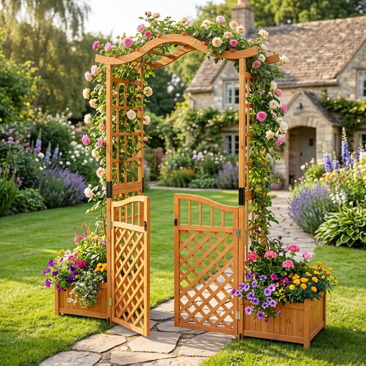 Garden Arbor with Gate and 2 Planter Boxes, natural wood finish, DirectDeals on Tampa Home & Garden Store
