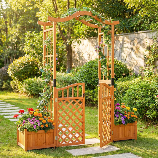 Garden arbor with gate and two planter boxes in yellow wood, 83in tall on Tampa Home & Garden Store