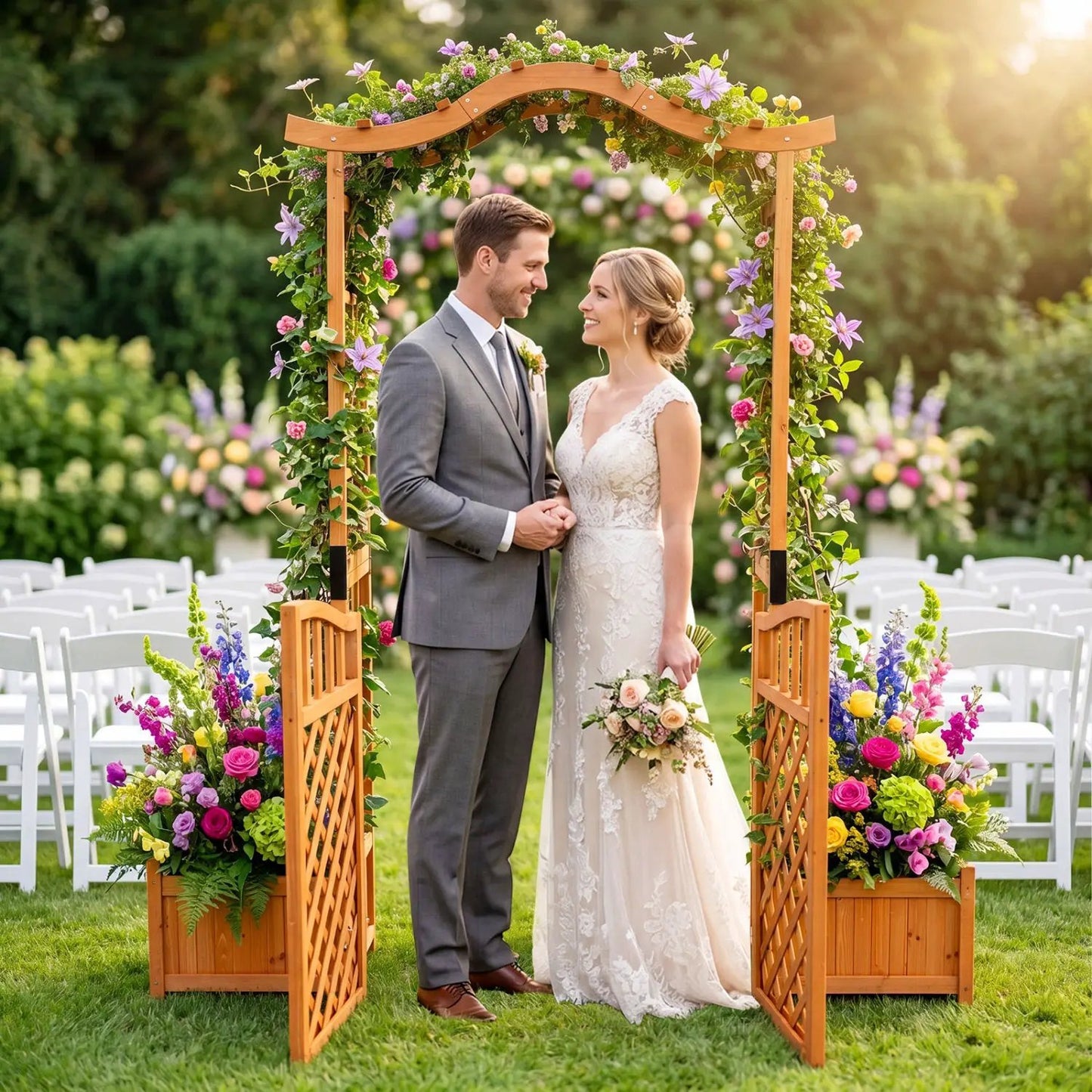 Garden Arbor with Gate and Planter Boxes