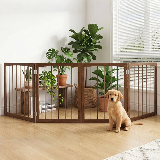 4-Panel Wooden Pet Gate 83x30 freestanding dog fence in brown with puppy in living room DirectDeals on Tampa Home & Garden Store