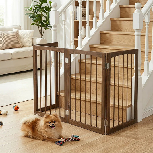 4-Panel wooden pet gate dark brown freestanding dog fence by DirectDeals for stairs area on Tampa Home & Garden Store