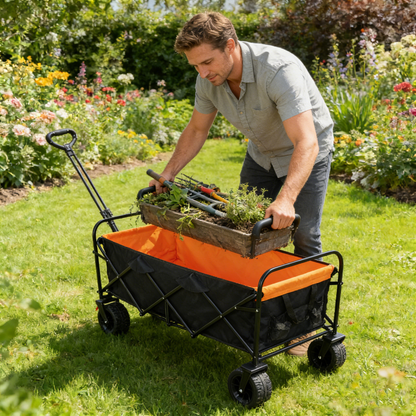 Big Large Capacity Folding Wagon Cart with Extender (Black + Orange) HouseOfZazla outdoor wagon on Tampa Home & Garden Store