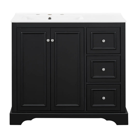 Bathroom vanity with sink, black cabinet, white countertop, soft-close doors, 3 drawers on Tampa Home & Garden Store