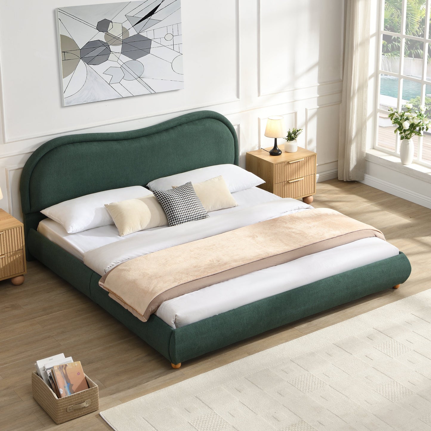 King Upholstered Platform Bed And Oak Legs