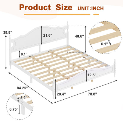 Retro King Wooden Platform Bed with Headboard