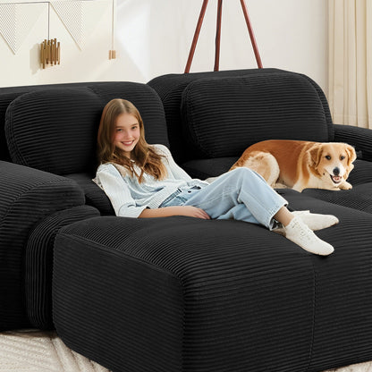 U-Shaped modular sofa in black breathable corduroy fabric with girl and dog, HouseOfZazla Sofas on Tampa Home & Garden Store