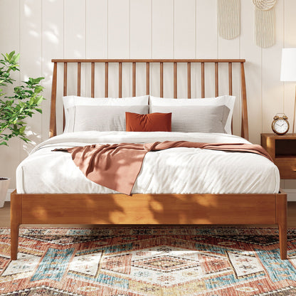 Bohemian platform bed with tall wooden headboard, white bedding, HouseOfZazla on Tampa Home & Garden Store