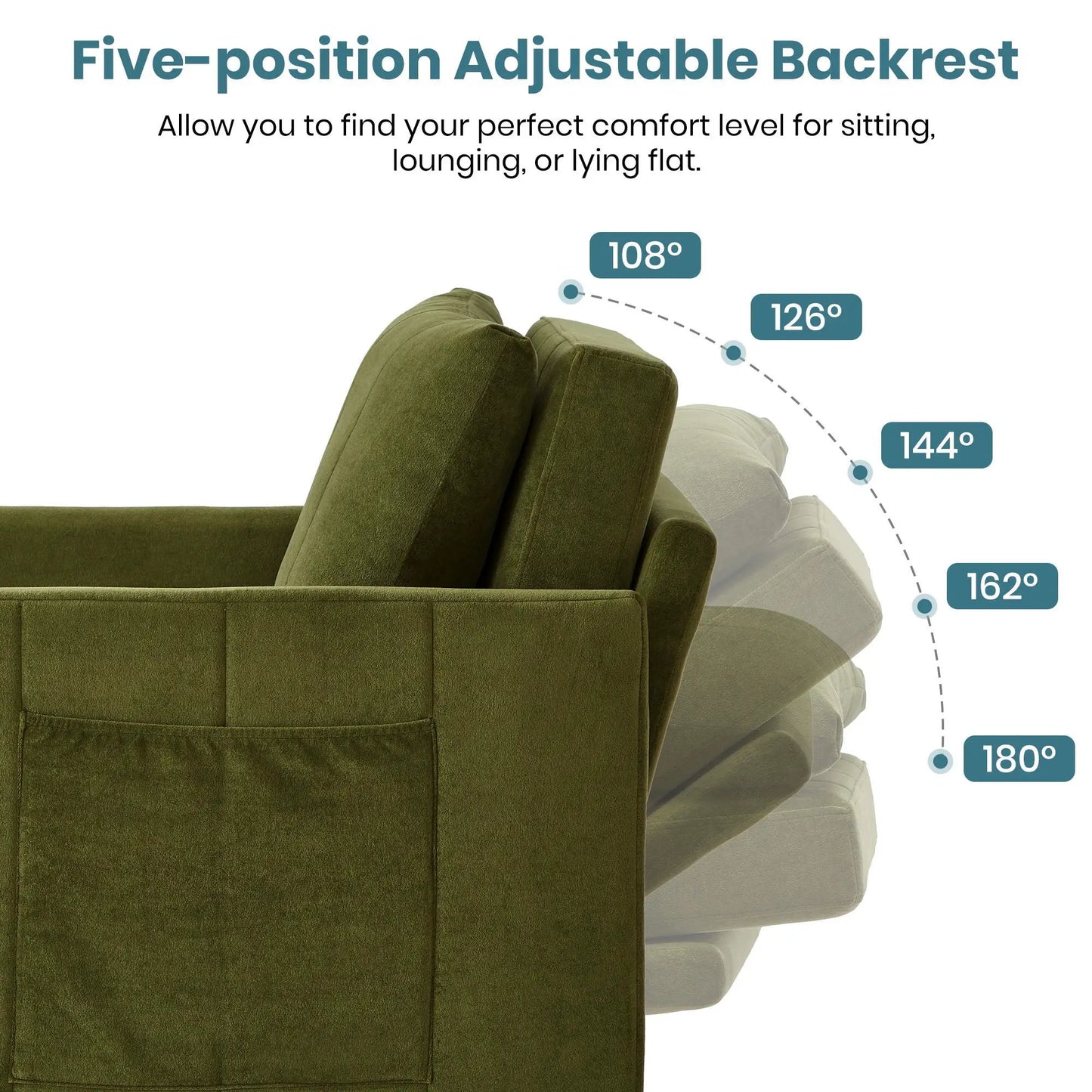 Upholstered sleeper sofa in olive green with 5-position backrest for versatile comfort on Tampa Home & Garden Store