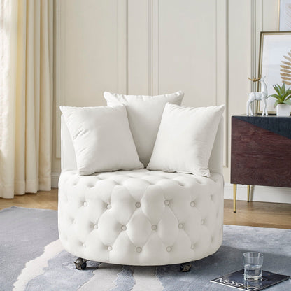 White tufted round ottoman with button tufting and casters in a modern living room on Tampa Home & Garden Store
