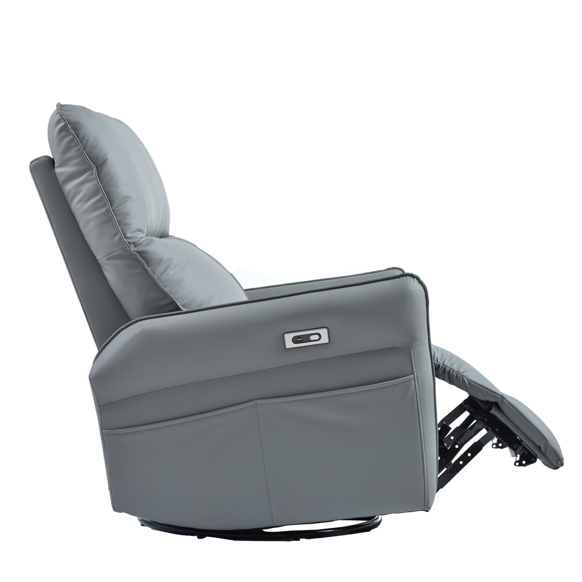 Power swivel rocker recliner chair in gray leather upholstery with built in power switch on Tampa Home & Garden Store