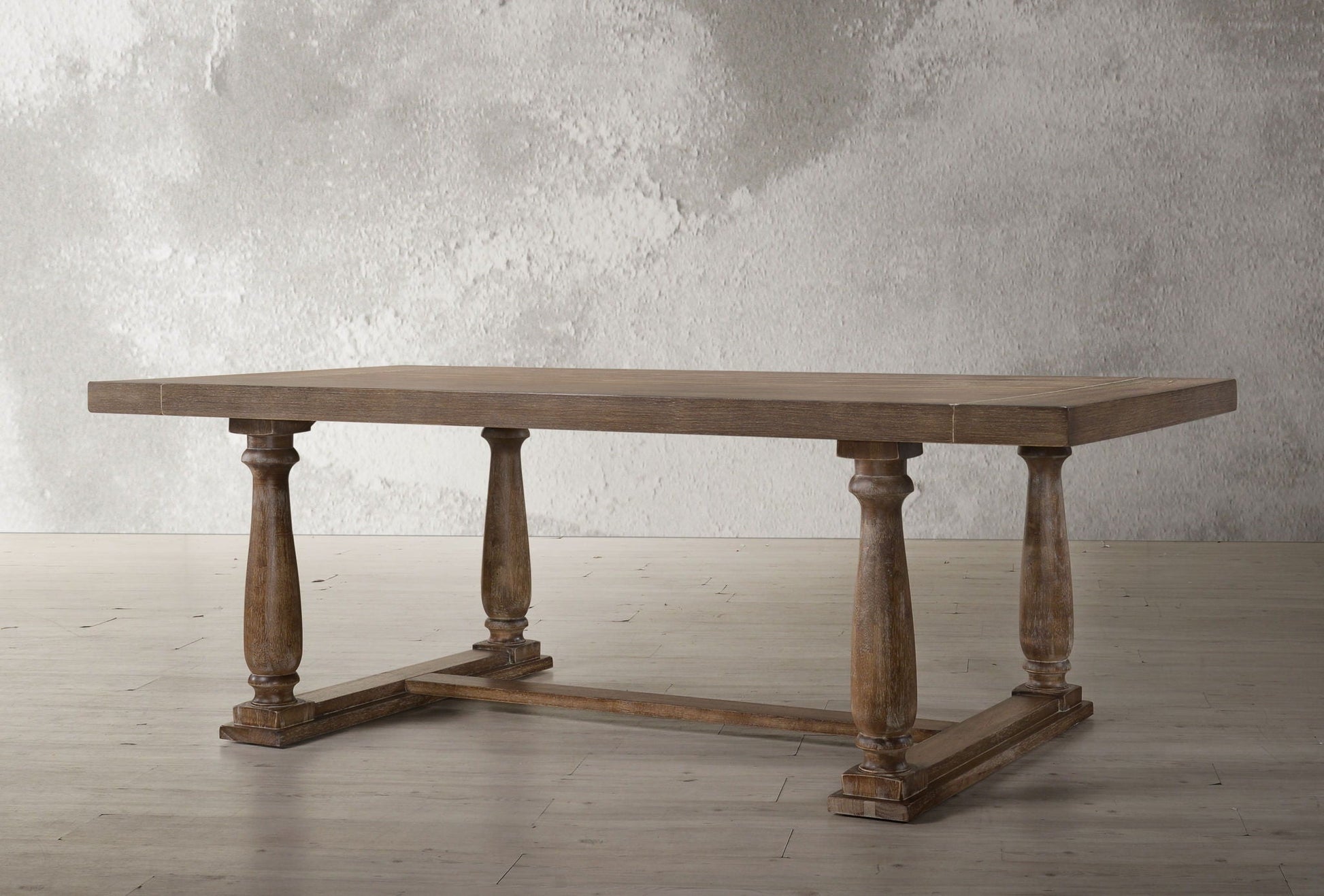Bernard Weathered Dining Table brown wood finish with chunky turned legs on Tampa Home & Garden Store