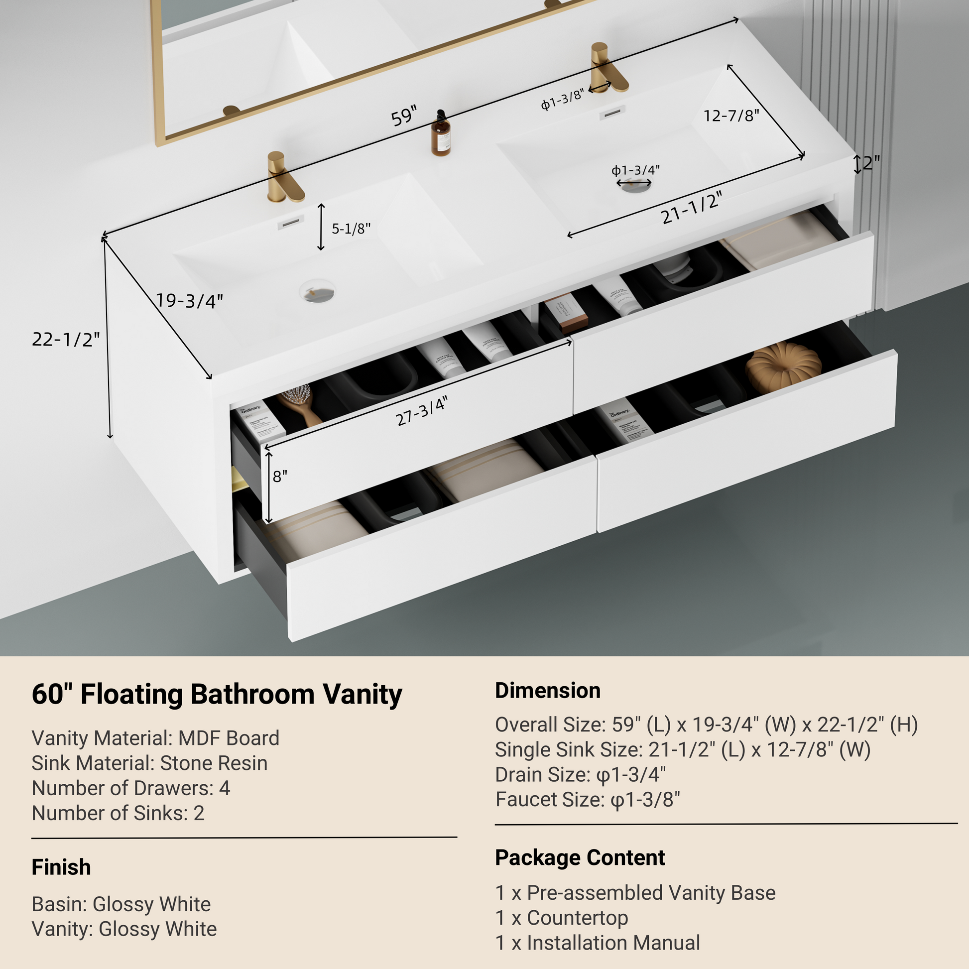 60in floating bathroom vanity with double white sinks, MDF board, gold faucets and open drawers on Tampa Home & Garden Store
