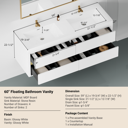 60in floating bathroom vanity with double white sinks, MDF board, gold faucets and open drawers on Tampa Home & Garden Store