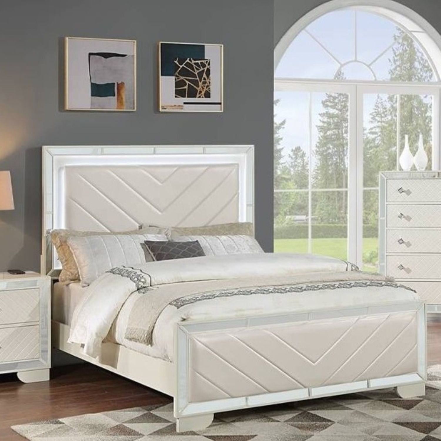3 Piece Bedroom Set with LED-lit white bed and 2 nightstands; chevron headboard HouseOfZazla on Tampa Home & Garden Store