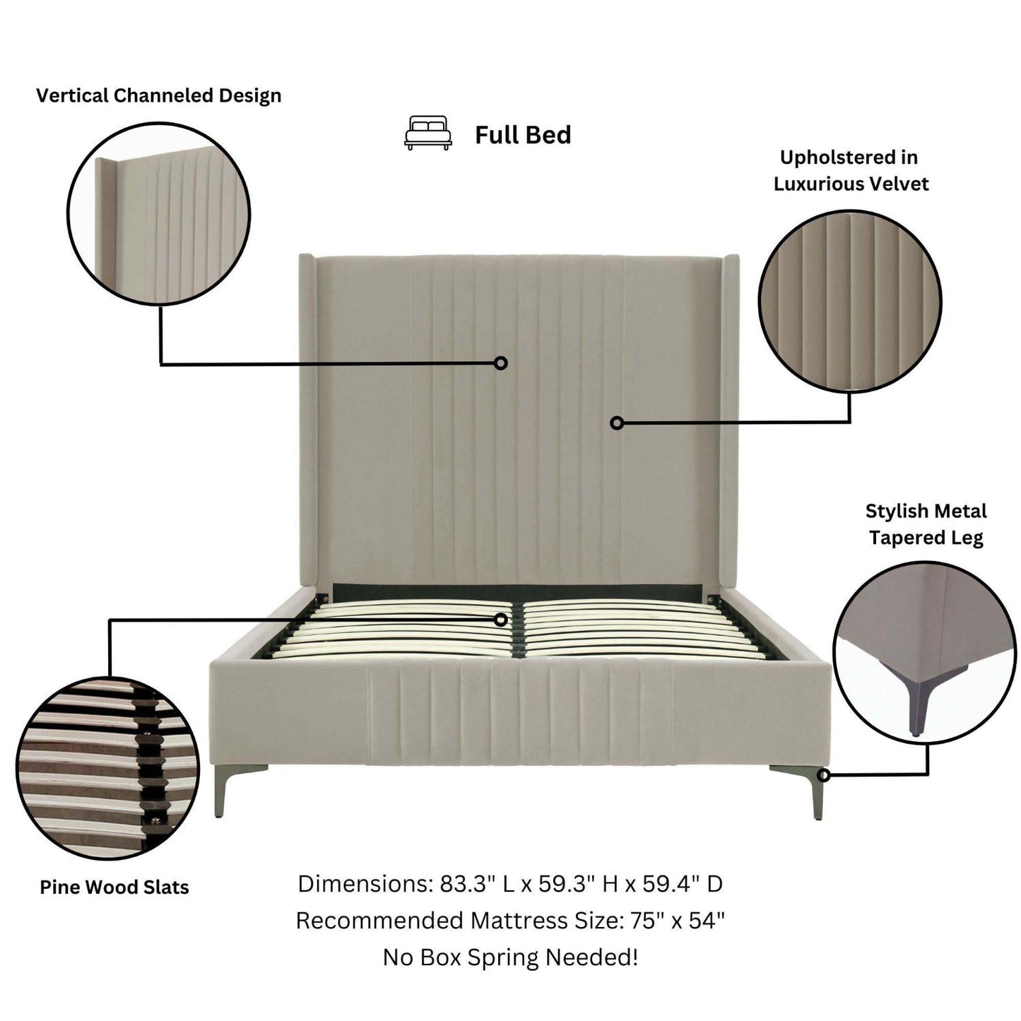 Promenade bed with vertical channel headboard in velvet, pine slats, tapered legs on Tampa Home & Garden Store