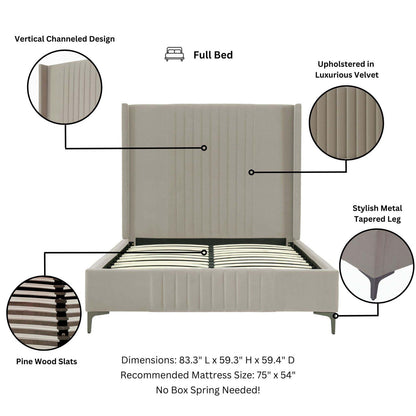 Promenade bed with vertical channel headboard in velvet, pine slats, tapered legs on Tampa Home & Garden Store