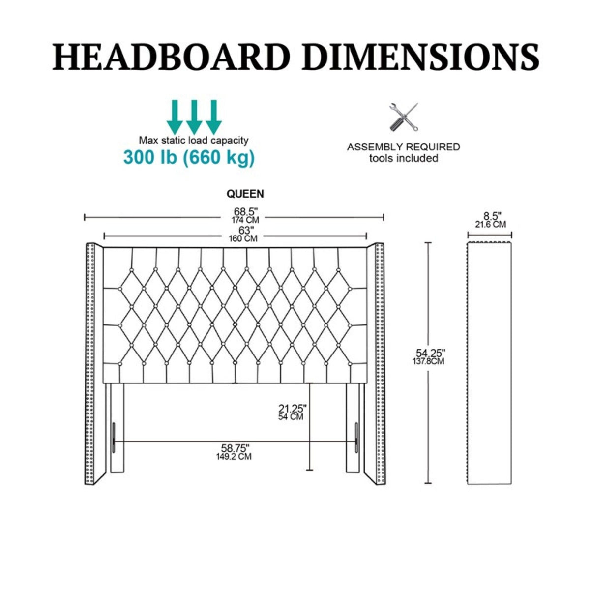 Transitional upholstered headboard queen size blueprint with tufted buttons and nailhead trim on Tampa Home & Garden Store