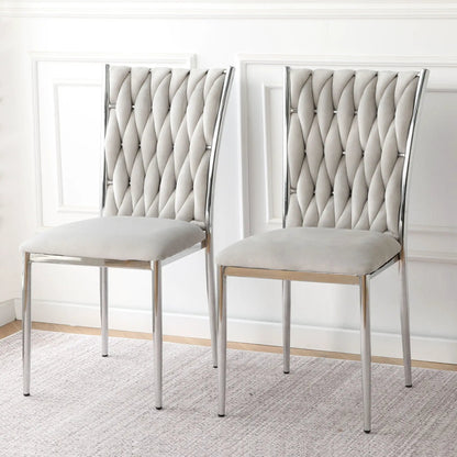Pair of Modern Dining Chairs with tufted gray velvet upholstery and chrome frames on Tampa Home & Garden Store