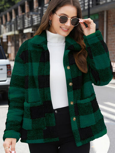 Women’s green and black plaid fuzzy button-up jacket with drop-shoulder fit on Tampa Home & Garden Store